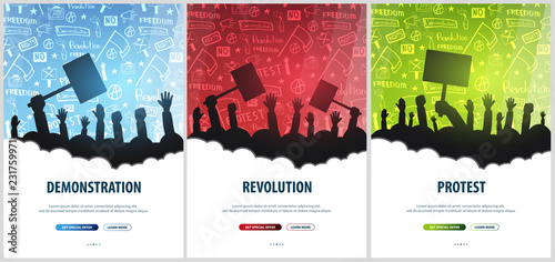 Silhouettes Crowd of people with flags, banners. Demonstration, manifestation, protest, strike, revolution. Set of Banners with hand-draw doodle elements on the background.