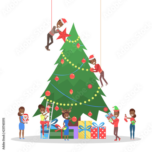 People decorating big christmas tree. Happy characters preparing for new year