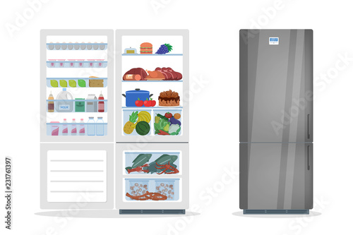 Opened and closed fridge or refrigerator with food.