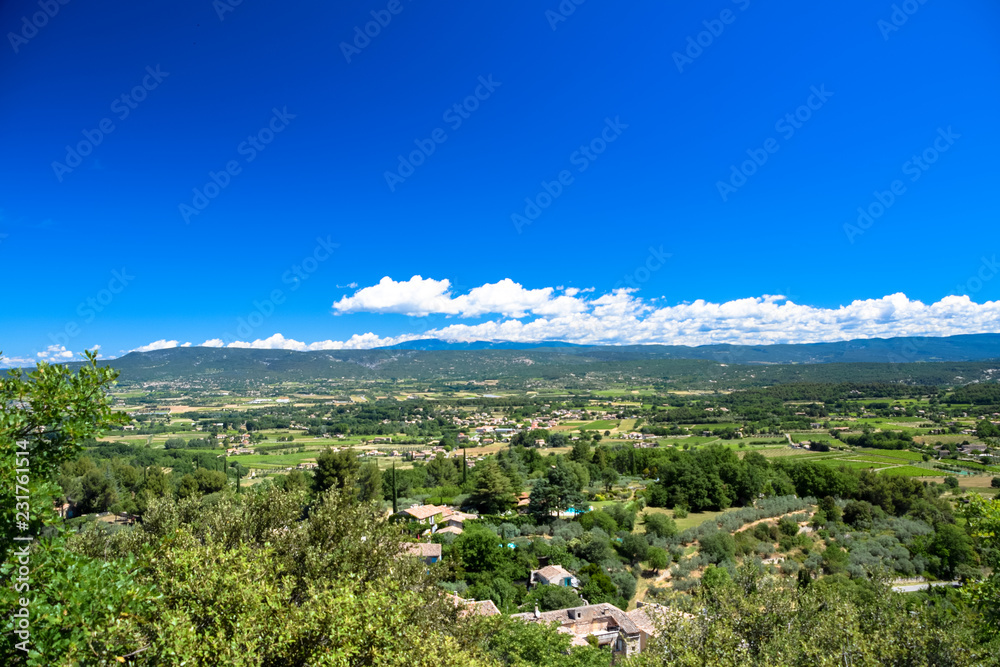 Panorama of the countryside of the Luberon as seen from the village of Oppede-le-Vieux in Provence, France
