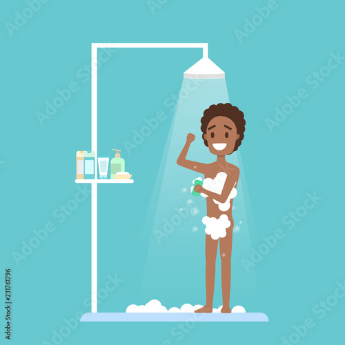 Young man take shower in the bathroom