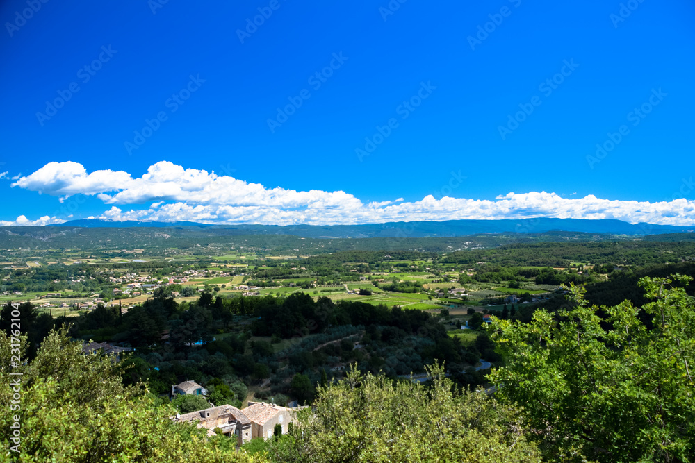Panorama of the countryside of the Luberon as seen from the village of Oppede-le-Vieux in Provence, France