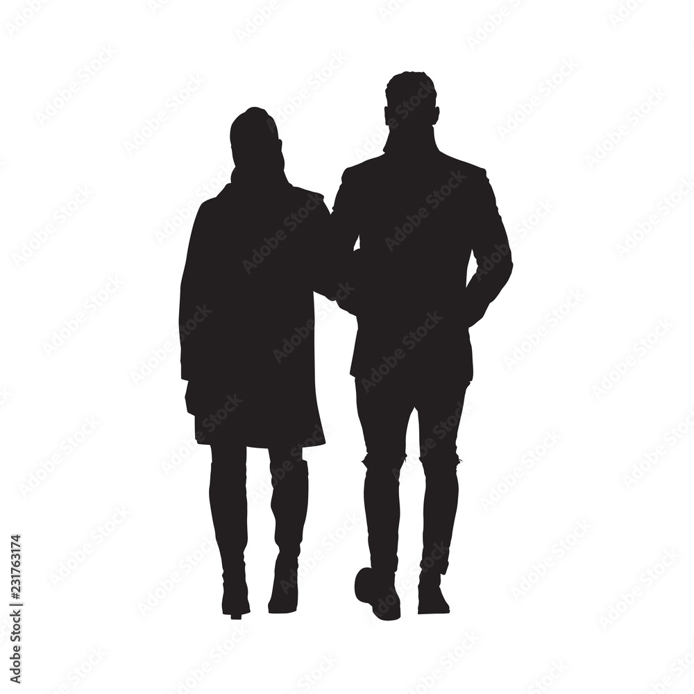 Man with woman in winter clothing walking together forward, isolated vector silhouette. Young couple