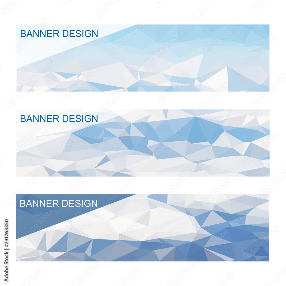 Set of three modern banners with polygonal background. Vector illustration composed of triangles of blue colors.