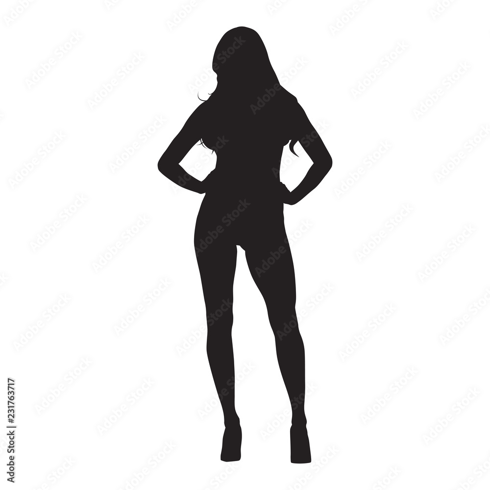 Sexy slim woman with long hair standing with hand on hips, high heels shoes, isolated vector silhouette, front view. Attractive model