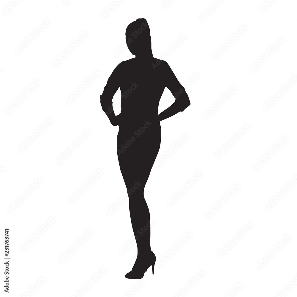 Business woman standing with hands on hips, isolated vector silhouette, front view