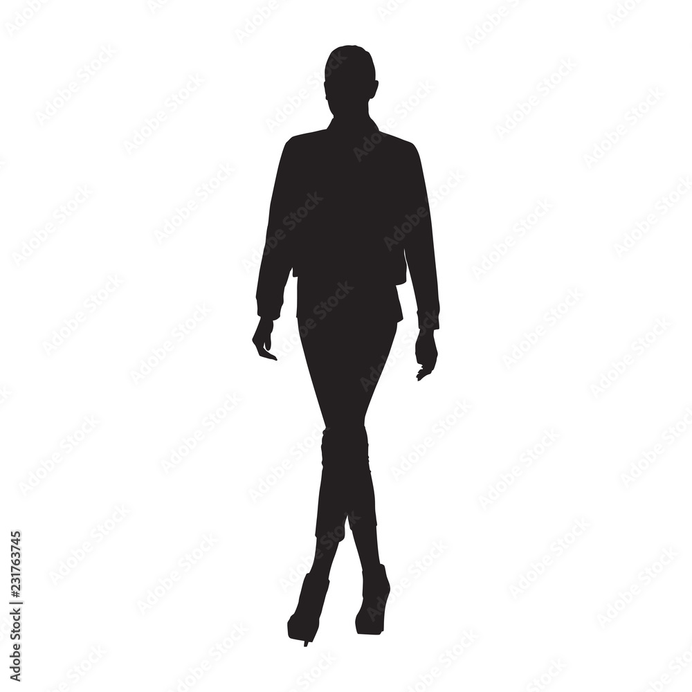Business woman walking forward, isolated vector silhouette, front view