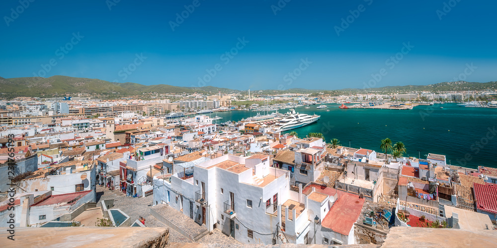 Aerial view of Ibiza old town and fortress, Spain.