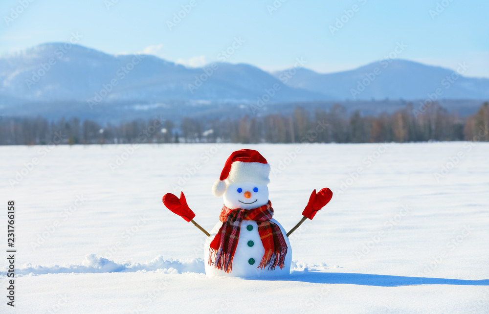 Winter scenery. Happy snowman in hat, red gloves and scarf on the background of mountains , blue sky. Field covered with snow.