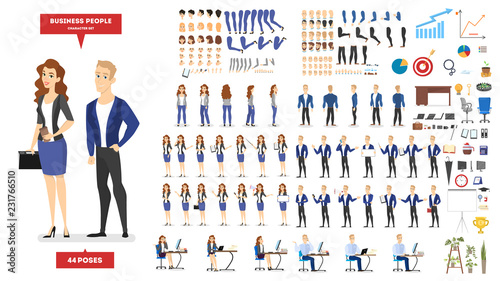 Businessman and woman character in suit set for animation.