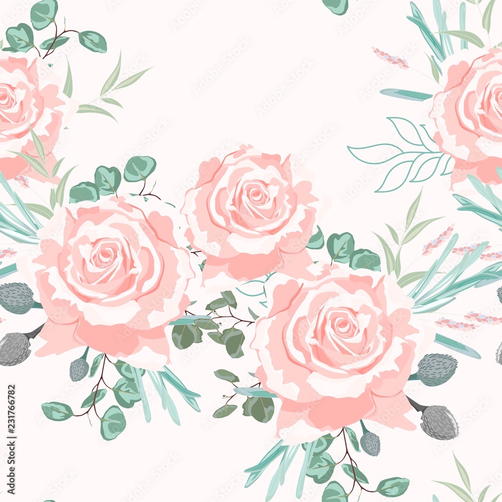 Seamless pattern with beige roses with herbs and eucalyptus. Hand drawn background. Floral pattern for wallpaper or fabric. Pastel background.
