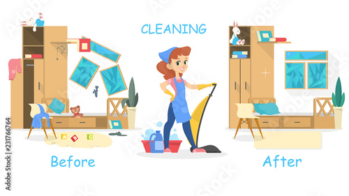 Cleaning the house concept. Before and after view