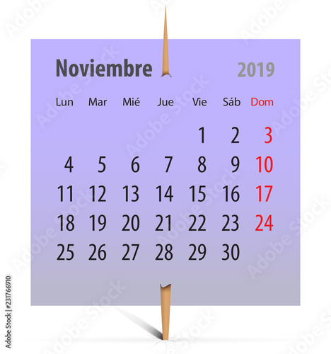 Calendar 2019 for November in Spanish