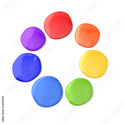 Color round spots of paint on white background. Abstract color wheel. 3D illustration.