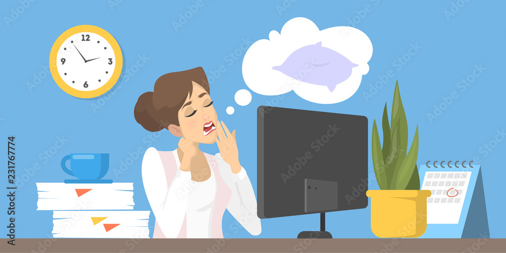 Tired character at work in office. Flat vector illustration