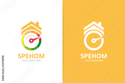 Vector speedometer and real estate logo combination. Tachometer and house symbol or icon. Unique speedo and rent logotype design template.