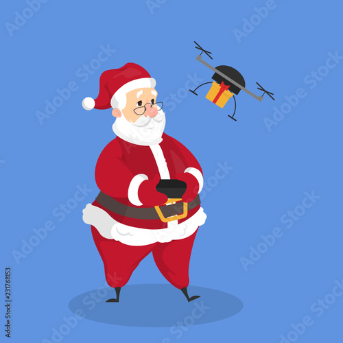 Santa Claus controls drone with christmas gift box