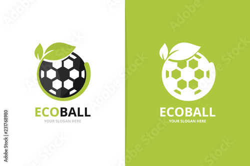 Vector soccer and leaf logo combination. Ball and eco symbol or icon. Unique football and organic logotype design template.
