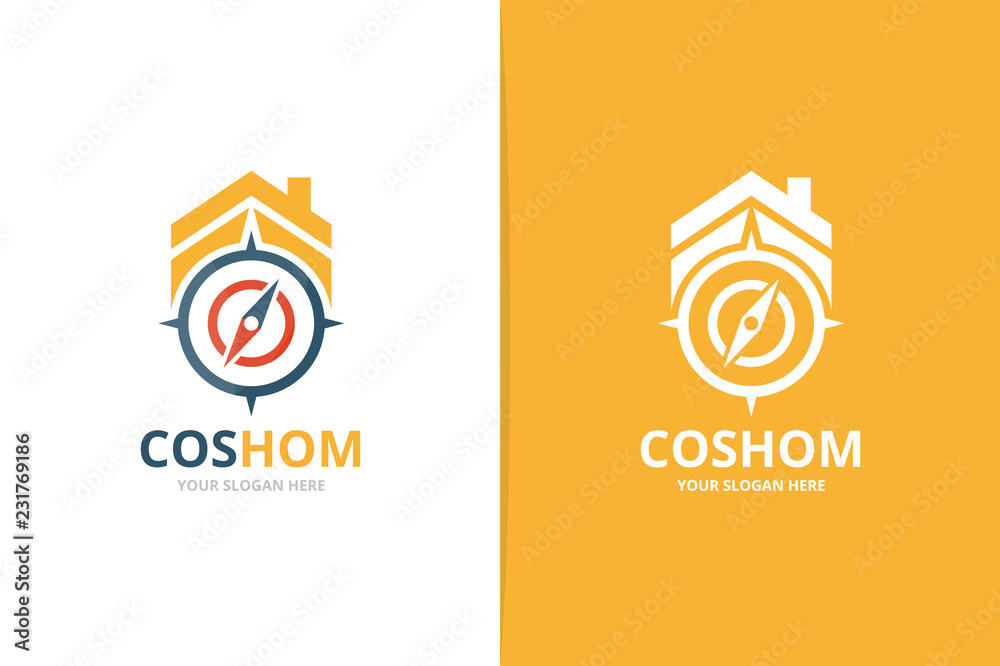Vector compass and real estate logo combination. Navigation and house symbol or icon. Unique travel and rent logotype design template.