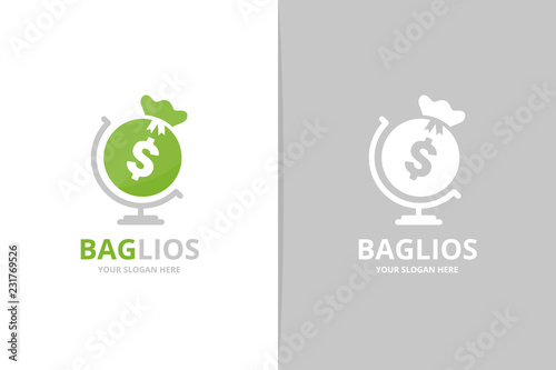 Vector bag and globe logo combination. Sack planet symbol or icon. Unique money logotype design template.