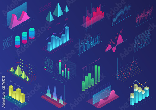 Set of vivid colorful infographic elements for ui design, presentation graphics, data statistics. 3d isometric bright light diagram vector illustration.