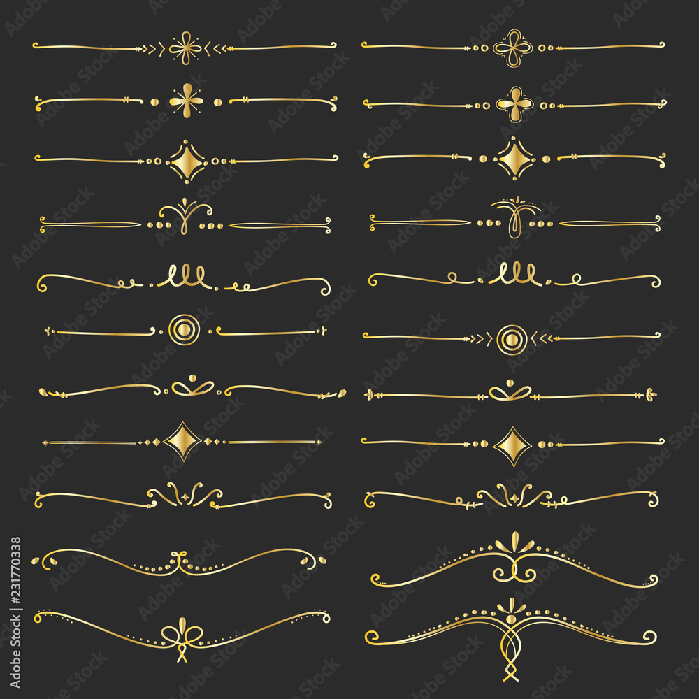 Naklejka premium Set Of Golden Decorative Calligraphic Elements For Decoration. Handmade Vector Illustration.
