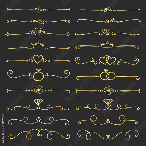 Set Of Golden Decorative Calligraphic Elements For Decoration. Handmade Vector Illustration.