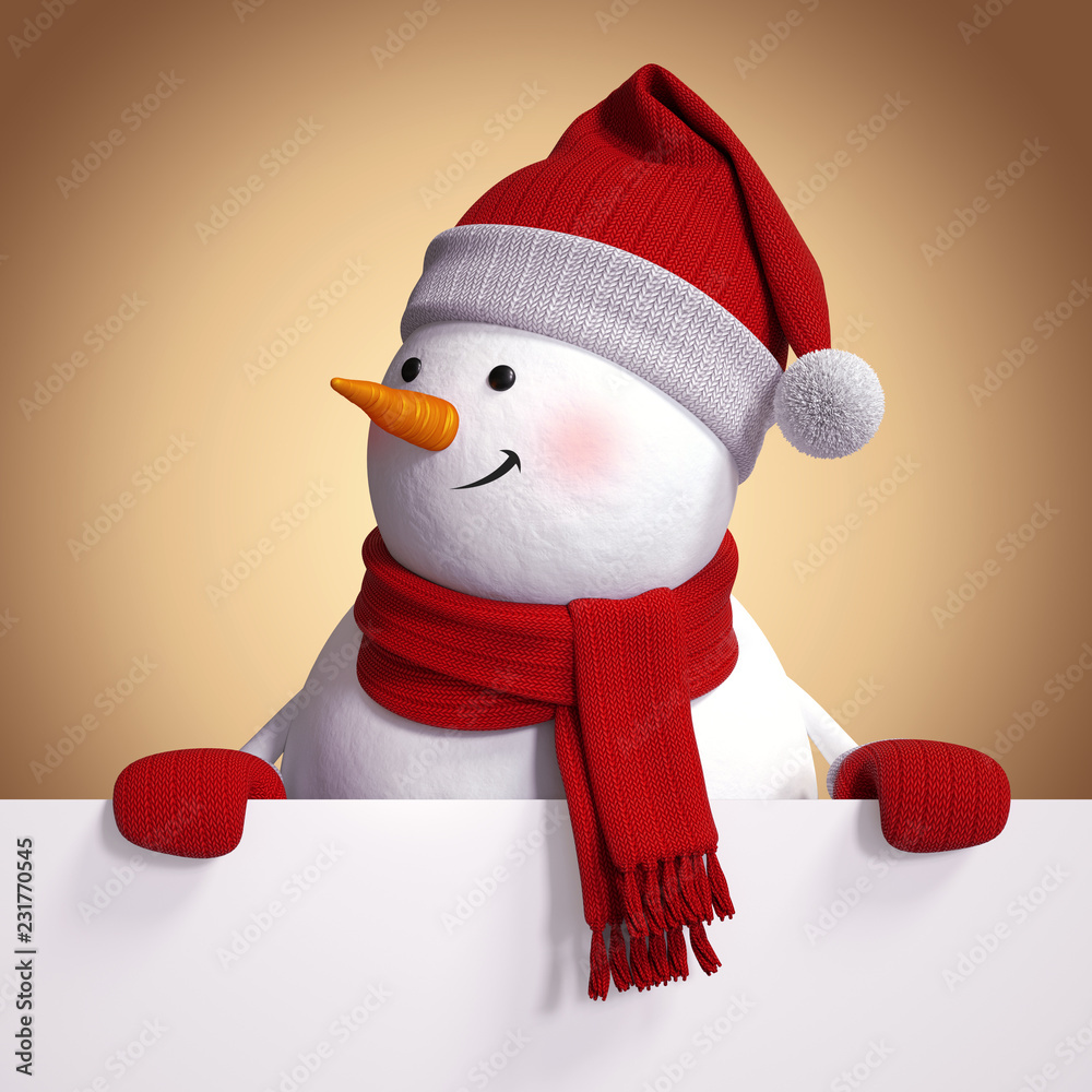 3d Render Funny Snowman Cartoon Character Wearing Red Hat Holding Blank Banner White Page Digital Illustration Christmas Holiday Clip Art Stock Illustration Adobe Stock