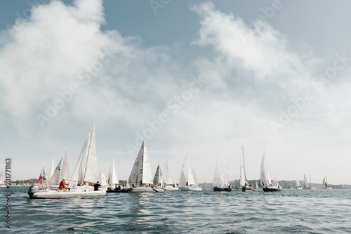 Photo line up of sailboats getting ready for yacht race