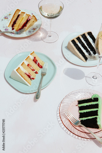 Various cakes on plates