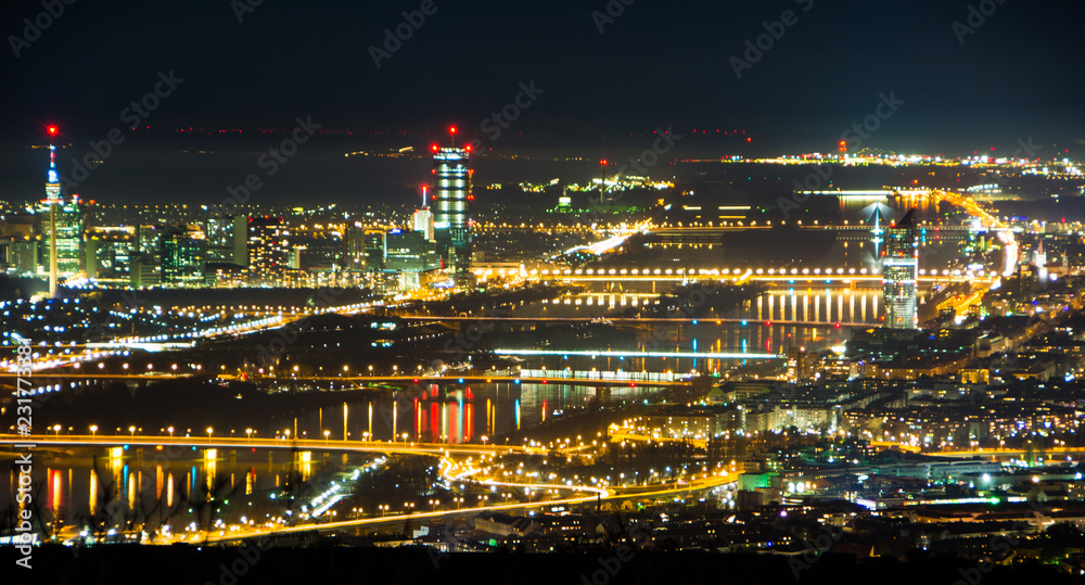 View of night Vienna from the mountain Kahlenberg. Austria
