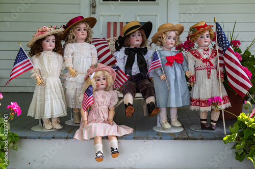 Group of Vintage Dolls Waiting for the 4th of July Parade
