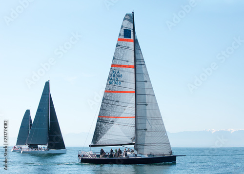 Sailboat in an international yacht race on open water photo