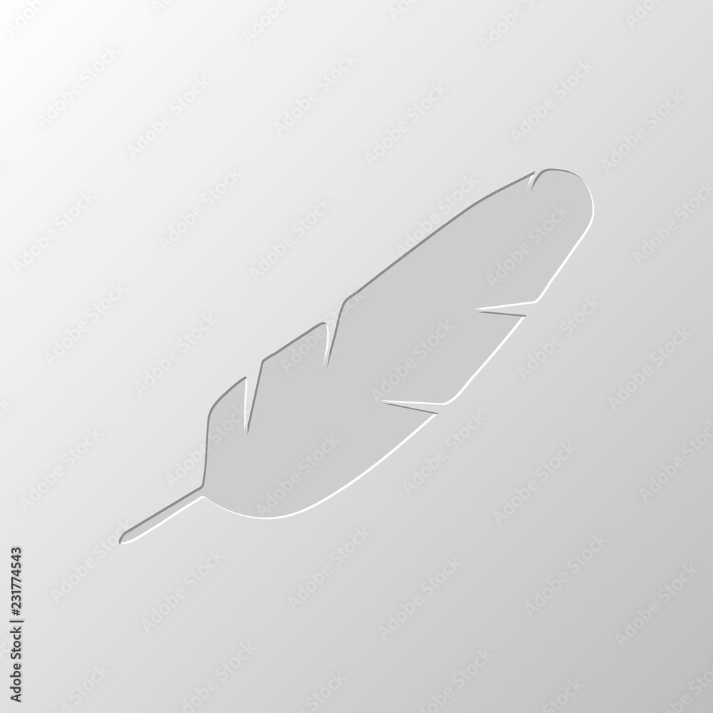 Simple icon of feather. Paper design. Cutted symbol. Pitted styl Simple icon of feather. Paper design. Cutted symbol. Pitted styl