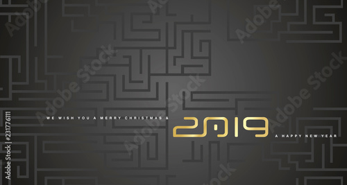 Merry Christmas and Happy New Year 2019 gold cyberspace abstract labyrinth black background