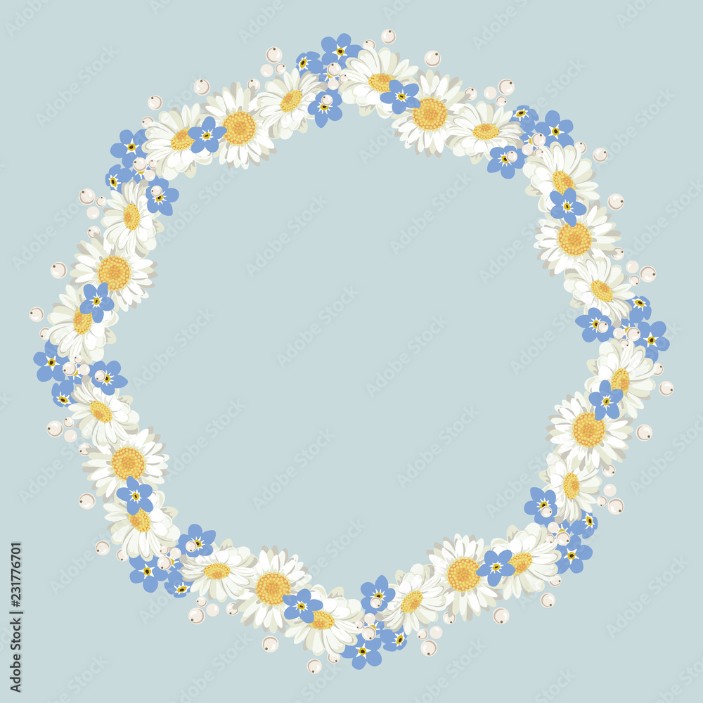 chamomile and forget me-not-flowers pattern on blue background