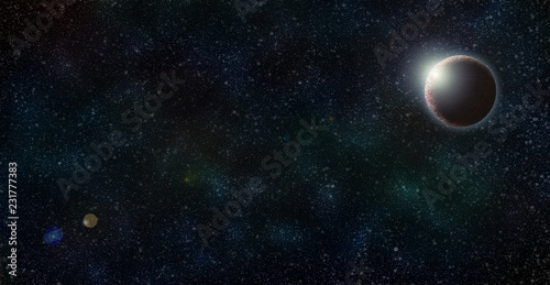 Outer space with planet in distance galaxy © Rassamee design