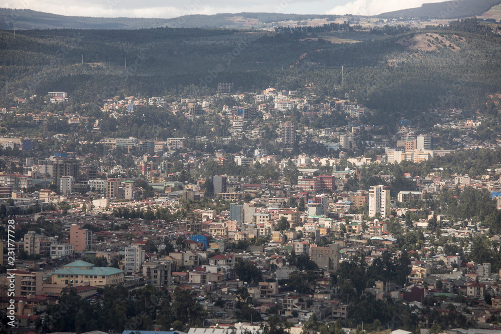 Low aerial view of Addis Ababa, Ethiopia.