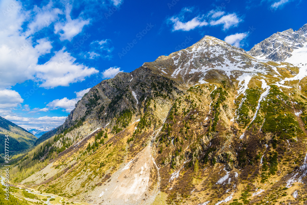 Alps mountains covered with snow, Fluelapass, Zernez, Graubuende