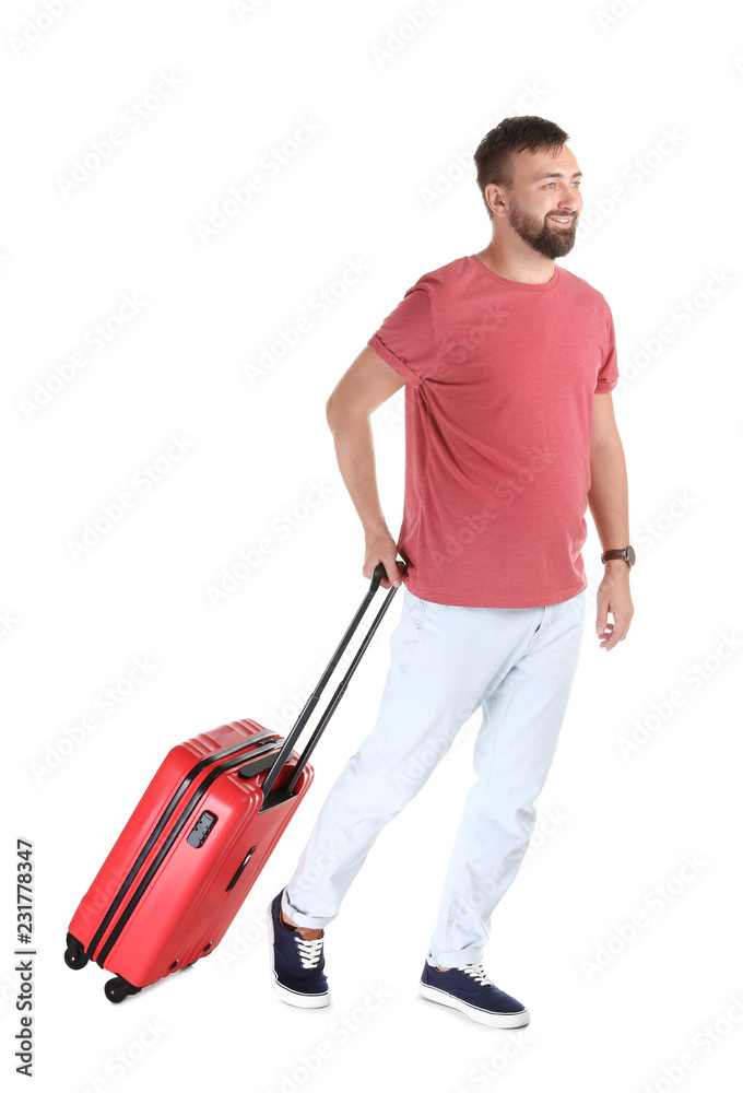 Man with suitcase on white background. Vacation travel Man with suitcase on white background. Vacation travel