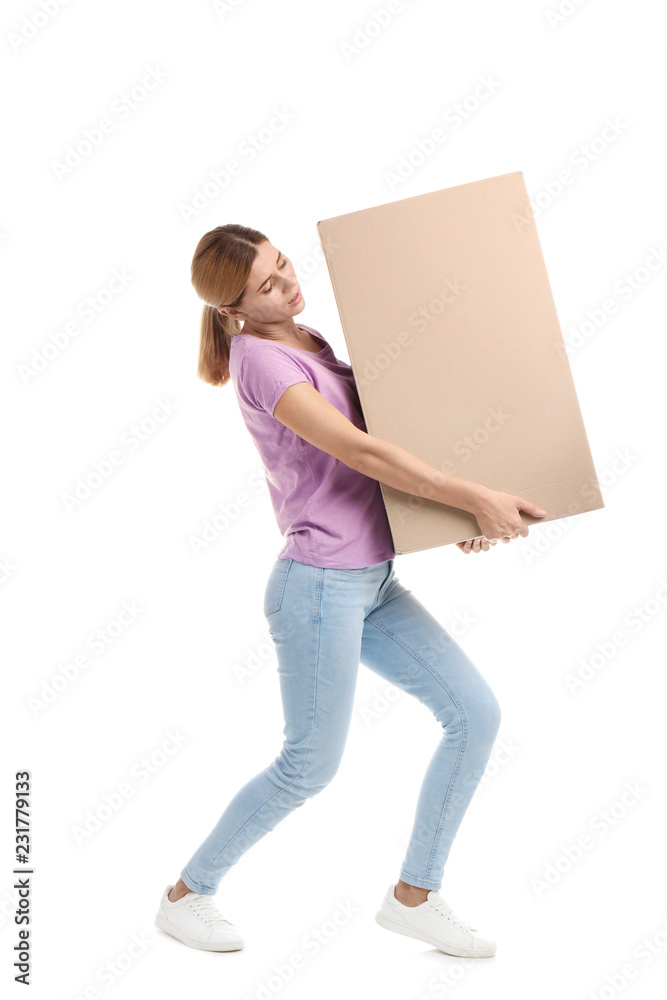 Full length portrait of woman carrying carton box on white background. Posture concept Full length portrait of woman carrying carton box on white background. Posture concept