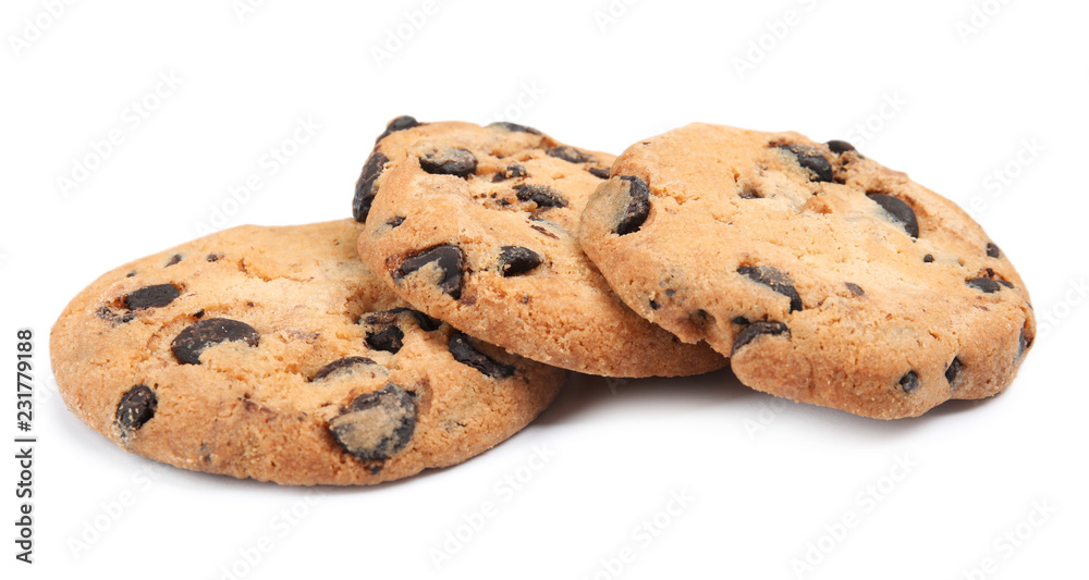 Delicious chocolate chip cookies on white background Delicious chocolate chip cookies on white background