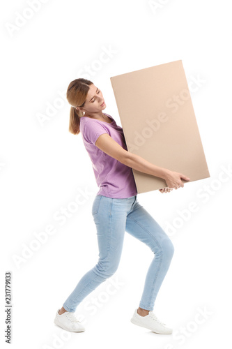 Full length portrait of woman carrying carton box on white background. Posture concept