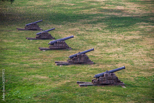 Fotografie Landscape view of five old black metal canons positioned on the ground in diagonal line
