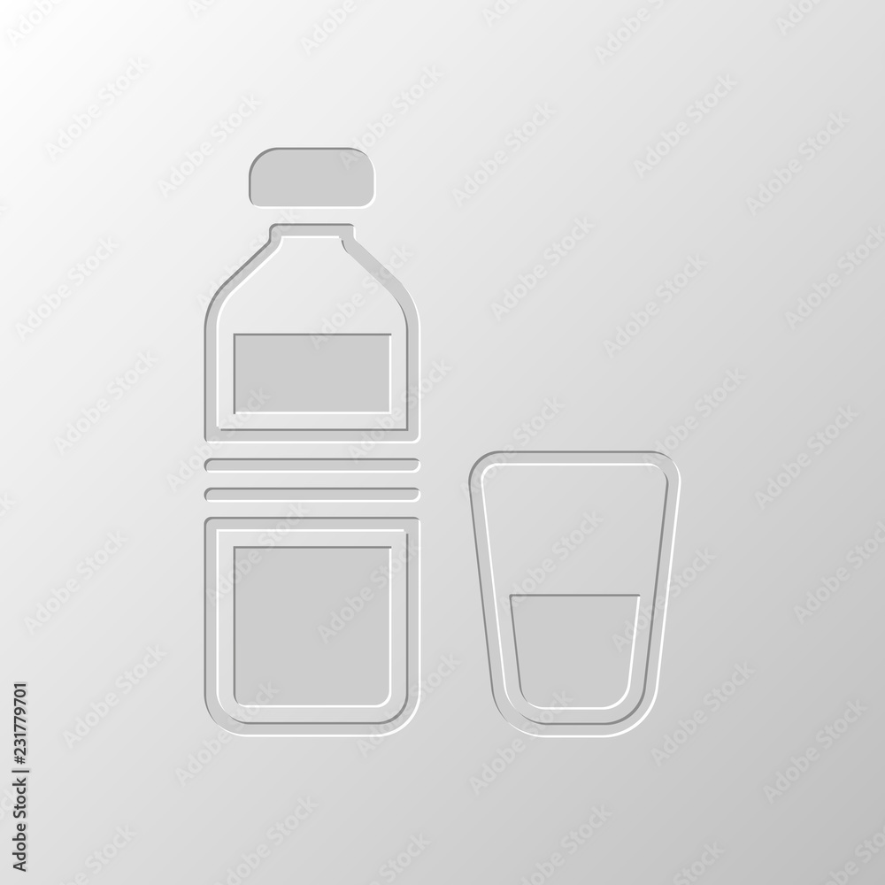 bottle of water and glass cup. simple icon. Paper design. Cutted bottle of water and glass cup. simple icon. Paper design. Cutted