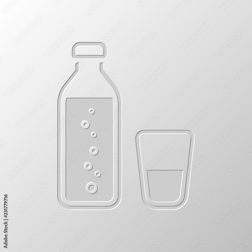 bottle of water with bubbles and glass cup. simple icon. Paper d bottle of water with bubbles and glass cup. simple icon. Paper d