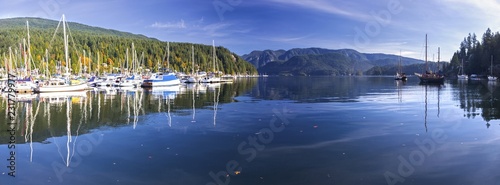 Wide Panoramic Scenic Landscape View of Indian Arm and Moored Yachts in Deep Cove Marina, Vancouver British Columbia Canada © Autumn Sky