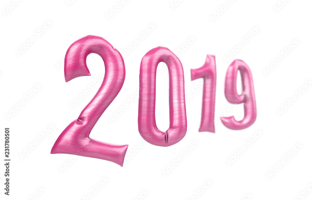 Pink trendy color toy balloons floating in the air isolated on white background. Happy New Year 2019 lettering. 3d illustration Pink trendy color toy balloons floating in the air isolated on white background. Happy New Year 2019 lettering. 3d illustration