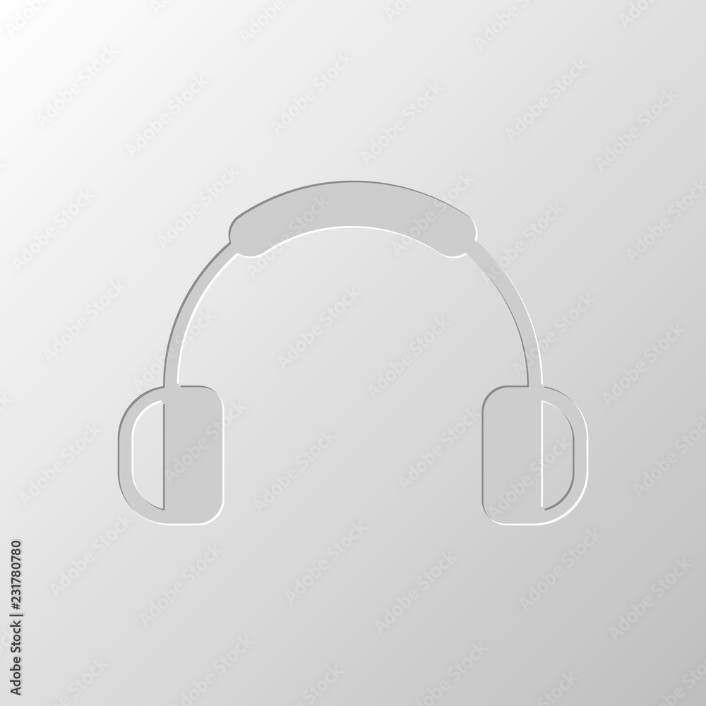 Headphones and music. Mute volume. Simple icon. Paper design. Cu Headphones and music. Mute volume. Simple icon. Paper design. Cu