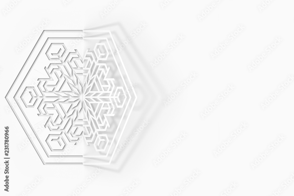 Carved paper snowflake folded in half, bent, casts a beautiful shadow on a white background 3d illustration Carved paper snowflake folded in half, bent, casts a beautiful shadow on a white background 3d illustration
